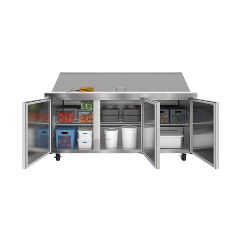 70 in. Commercial 3-Door Refrigerated Mega Salad and Sandwich Prep Table, 30 Pan Capacity and 22 Cu. Ft. of Storage in Stainless-Steel (KM-MPTR70-3D)