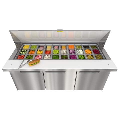 70 in. Commercial 3-Door Refrigerated Mega Salad and Sandwich Prep Table, 30 Pan Capacity and 22 Cu. Ft. of Storage in Stainless-Steel (KM-MPTR70-3D)