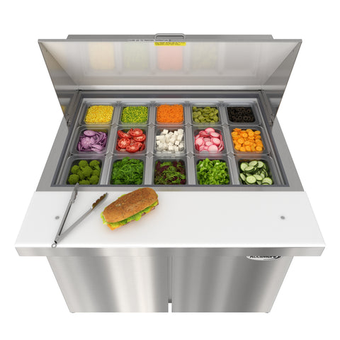 36 in. Commercial 2-Door Refrigerated Mega Salad and Sandwich Prep Table, 15 Pan Capacity and 11 Cu. Ft. of Storage in Stainless-Steel (KM-MPTR36-2D)