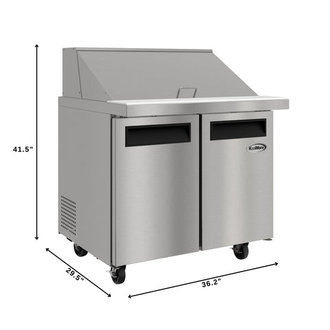 36 in. Commercial 2-Door Refrigerated Mega Salad and Sandwich Prep Table, 15 Pan Capacity and 11 Cu. Ft. of Storage in Stainless-Steel (KM-MPTR36-2D)