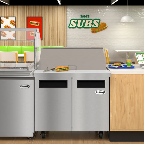 36 in. Commercial 2-Door Refrigerated Mega Salad and Sandwich Prep Table, 15 Pan Capacity and 11 Cu. Ft. of Storage in Stainless-Steel (KM-MPTR36-2D)