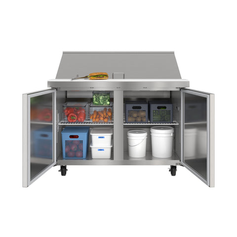 46 in. Commercial 2-Door Refrigerated Mega Salad and Sandwich Prep Table, 18 Pan Capacity and 14 Cu. Ft. of Storage in Stainless-Steel (KM-MPTR46-2D)