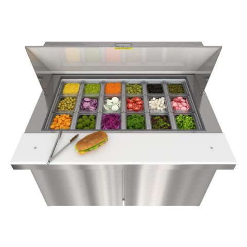 46 in. Commercial 2-Door Refrigerated Mega Salad and Sandwich Prep Table, 18 Pan Capacity and 14 Cu. Ft. of Storage in Stainless-Steel (KM-MPTR46-2D)