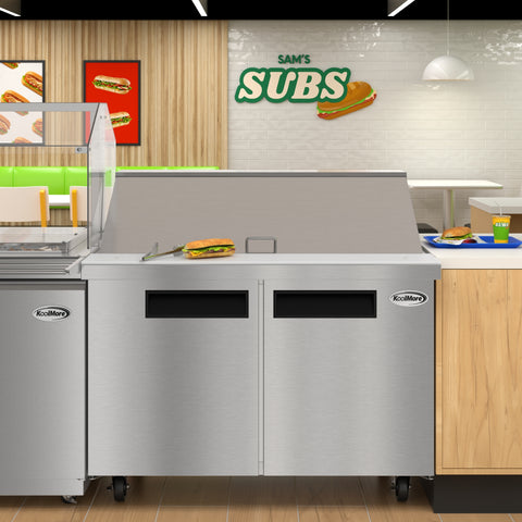 46 in. Commercial 2-Door Refrigerated Mega Salad and Sandwich Prep Table, 18 Pan Capacity and 14 Cu. Ft. of Storage in Stainless-Steel (KM-MPTR46-2D)