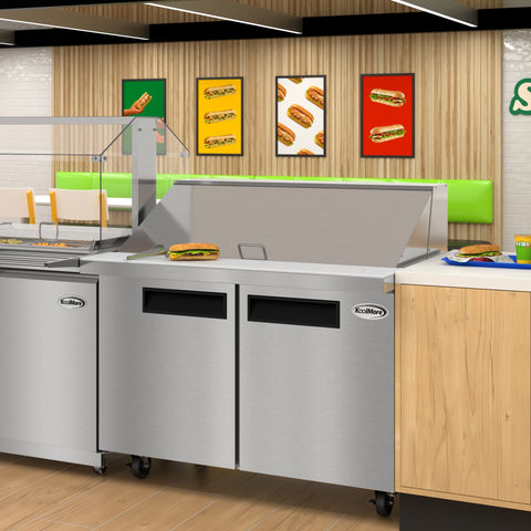 46 in. Commercial 2-Door Refrigerated Mega Salad and Sandwich Prep Table, 18 Pan Capacity and 14 Cu. Ft. of Storage in Stainless-Steel (KM-MPTR46-2D)