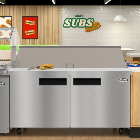 60 in. Commercial 2-Door Refrigerated Mega Salad and Sandwich Prep Table, 24 Pan Capacity and 18.4 Cu. Ft. of Storage in Stainless-Steel (KM-MPTR60-2D)