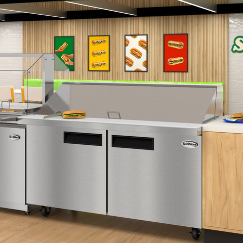 60 in. Commercial 2-Door Refrigerated Mega Salad and Sandwich Prep Table, 24 Pan Capacity and 18.4 Cu. Ft. of Storage in Stainless-Steel (KM-MPTR60-2D)