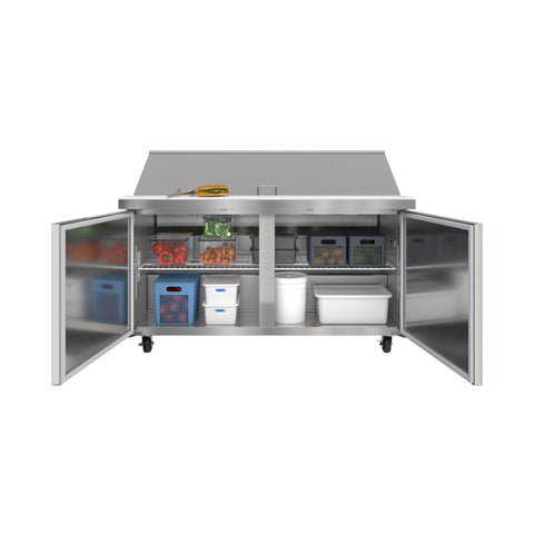 60 in. Commercial 2-Door Refrigerated Mega Salad and Sandwich Prep Table, 24 Pan Capacity and 18.4 Cu. Ft. of Storage in Stainless-Steel (KM-MPTR60-2D)
