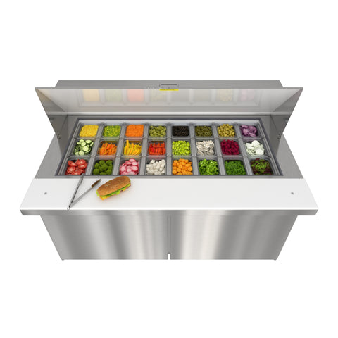 60 in. Commercial 2-Door Refrigerated Mega Salad and Sandwich Prep Table, 24 Pan Capacity and 18.4 Cu. Ft. of Storage in Stainless-Steel (KM-MPTR60-2D)
