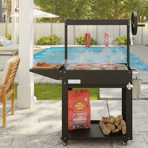 50 in. Argentine Charcoal Grill, Adjustable Grate Outdoor BBQ, in Black