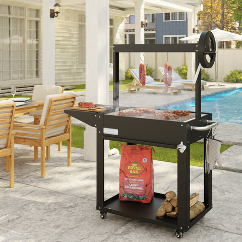 50 in. Argentine Charcoal Grill, Adjustable Grate Outdoor BBQ, in Black