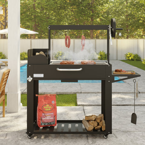 54 in. Argentine Charcoal Grill, Adjustable Grate Outdoor BBQ, in Black