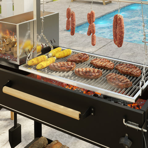 72 in. Argentine Santa Maria Charcoal and Wood Grill, Adjustable Outdoor BBQ, in Black