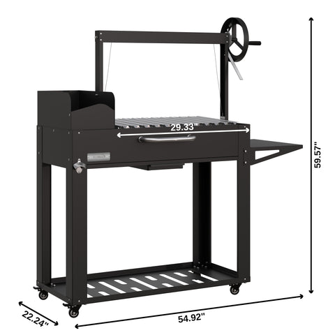 54 in. Argentine Charcoal Grill with Interchangeable V-Grates, Outdoor BBQ, in Black