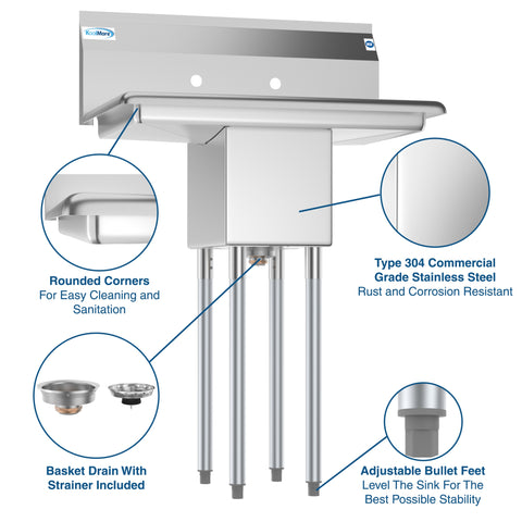 30 in. One Compartment Stainless Steel Commercial Sink with 2 Drainboards, Bowl Size 10" x 14" x 10"