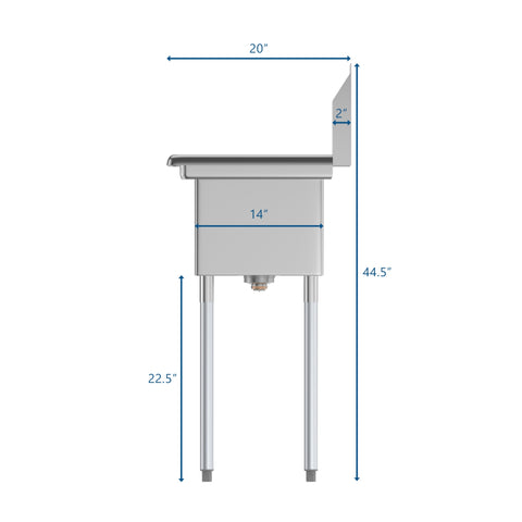 23 in. One Compartment Stainless Steel Commercial Sink with Drainboard, Bowl Size 10" x 14" x 10"