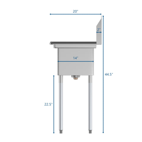 25 in. One Compartment Stainless Steel Commercial Sink with Drainboard, Bowl Size 10" x 14" x 10"