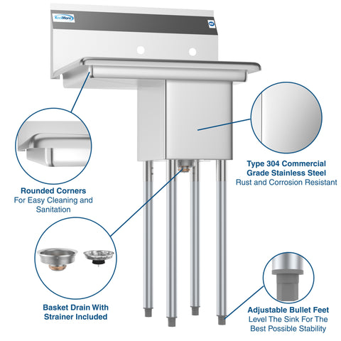 25 in. One Compartment Stainless Steel Commercial Sink with Drainboard, Bowl Size 10" x 14" x 10"