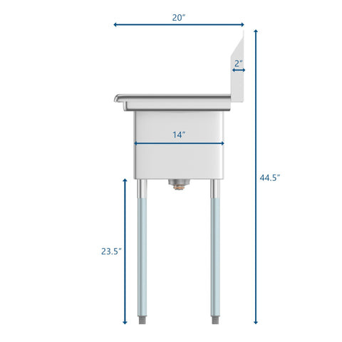 23 in. One Compartment Stainless Steel Commercial Sink with Drainboard, Bowl Size 10"x 14"x 10"