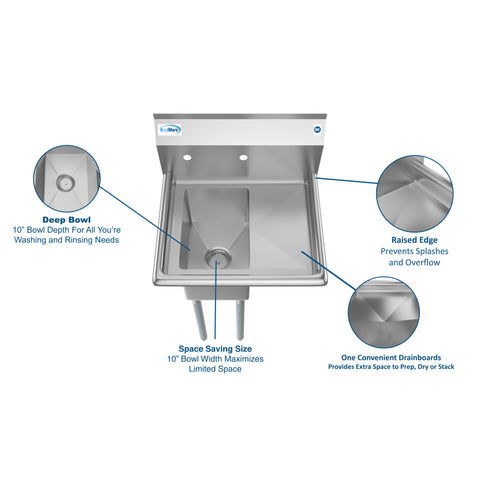 23 in. One Compartment Stainless Steel Commercial Sink with Drainboard, Bowl Size 10"x 14"x 10"