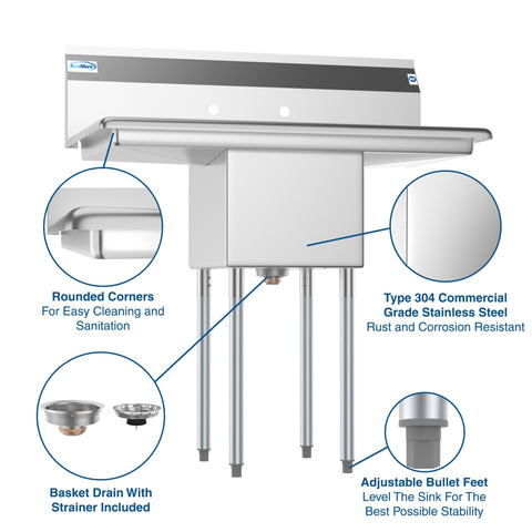 38 in. One Compartment Stainless Steel Commercial Sink with Drainboards, Bowl Size 14"x 16"x 11"