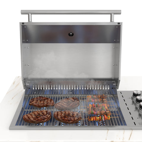 KoolMore Reserve 95 in. Outdoor Kitchen Island with 4-Burner NG and LP BBQ Grill, White Stone Counters and Sides, and Stainless-Steel Cabinets and Sink