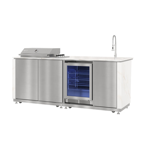 KoolMore Reserve 95 in. Outdoor Kitchen Island with 4-Burner NG and LP BBQ Grill, White Stone Counters and Sides, and Stainless-Steel Cabinets and Sink