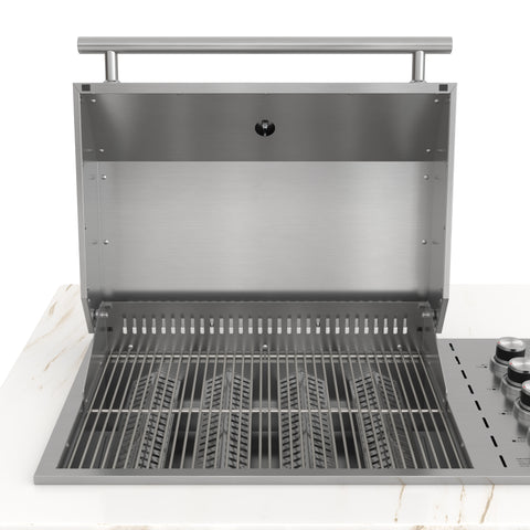 KoolMore Reserve 95 in. Outdoor Kitchen Island with 4-Burner NG and LP BBQ Grill, White Stone Counters and Sides, and Stainless-Steel Cabinets and Sink