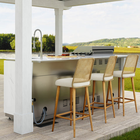 KoolMore Reserve 95 in. Outdoor Kitchen Island with 4-Burner NG and LP BBQ Grill, White Stone Counters, Sides and Cabinets Stainless-Steel Sink
