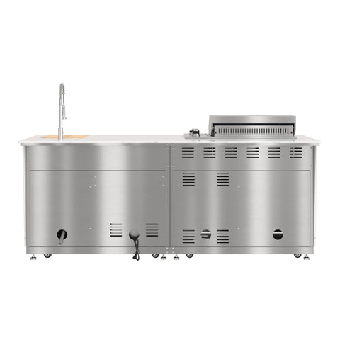KoolMore Reserve 95 in. Outdoor Kitchen Island with 4-Burner NG and LP BBQ Grill, White Stone Counters, Sides and Cabinets Stainless-Steel Sink
