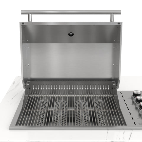 KoolMore Reserve 95 in. Outdoor Kitchen Island with 4-Burner NG and LP BBQ Grill, White Stone Counters, Sides and Cabinets Stainless-Steel Sink