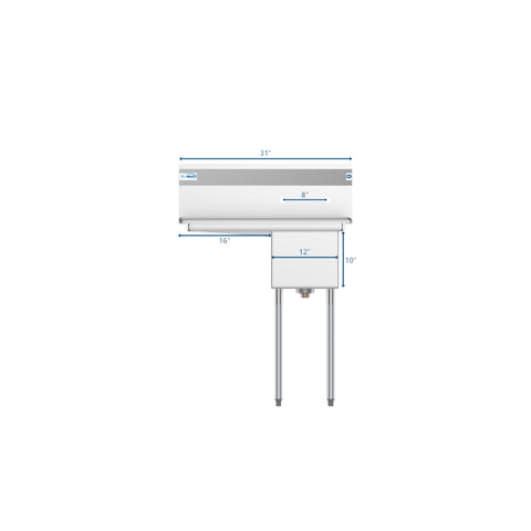 31 in. One Compartment Stainless Steel Commercial Sink with Drainboard, Bowl Size 12"x 16"x 10"