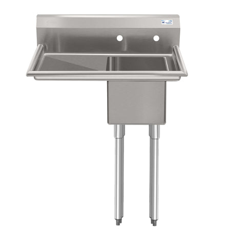 31 in. One Compartment Stainless Steel Commercial Sink with Drainboard, Bowl Size 12"x 16"x 10"