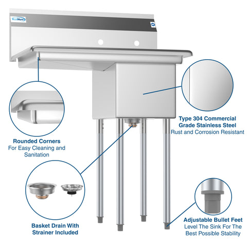 31 in. One Compartment Stainless Steel Commercial Sink with Drainboard, Bowl Size 12"x 16"x 10"
