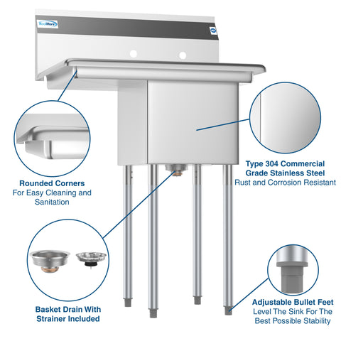 29 in. One compartment Stainless Steel Commercial Restaurant Sink with Drainboard, Bowl Size 14" x 16" x 11"
