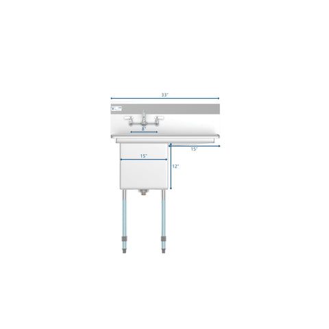 33 in. One Compartment Stainless Steel Commercial Sink with Drainboard, Bowl Size 15"x 15"x 12"