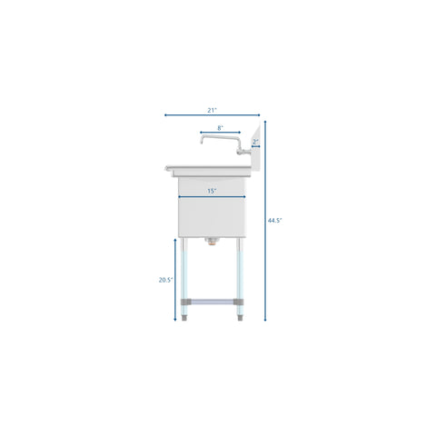 33 in. One Compartment Stainless Steel Commercial Sink with Drainboard, Bowl Size 15"x 15"x 12"