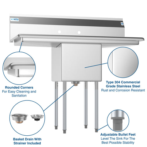 45 in. One Compartment Stainless Steel Commercial Sink with Drainboards, Bowl Size 15"x 15"x 12"