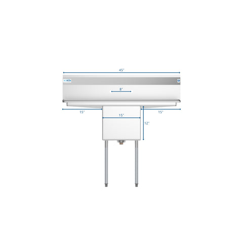 45 in. One Compartment Stainless Steel Commercial Sink with Drainboards, Bowl Size 15"x 15"x 12"