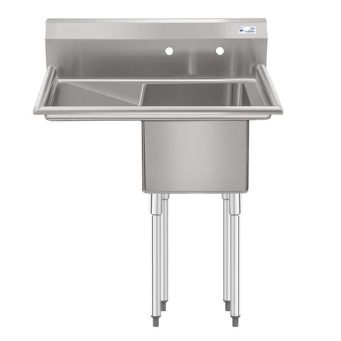33 in. One Compartment Stainless Steel Commercial Sink with Drainboard, Bowl Size 15"x 15"x 12"