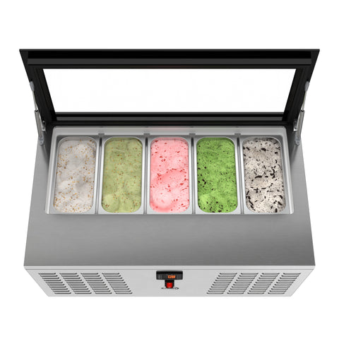 39 in. 5-Pan Countertop Ice Cream Display Freezer with Glass Top in Stainless-Steel