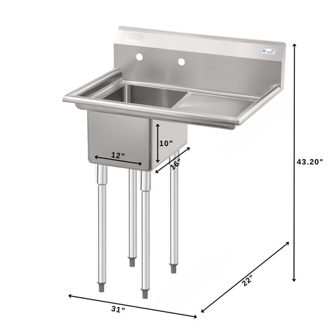 31 in. One Compartment Stainless Steel Commercial Sink with Drainboard, Bowl Size 12" x 16" x 10"