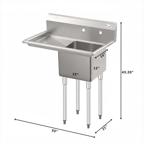 33 in. One Compartment Stainless Steel Commercial Sink with Drainboard, Bowl Size 15"x 15"x 12"