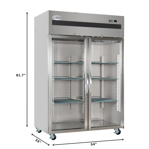 54 in. Two-Glass-Door Commercial Reach-In Refrigerator with Top-Mounted Compressor, 49 cu. ft. in Stainless-Steel