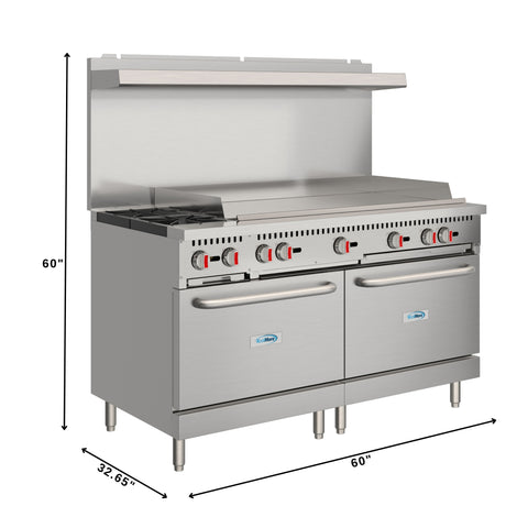 60 in. Dual Oven Commercial Range with 48 in. Griddle and 2 Burners in Stainless-Steel