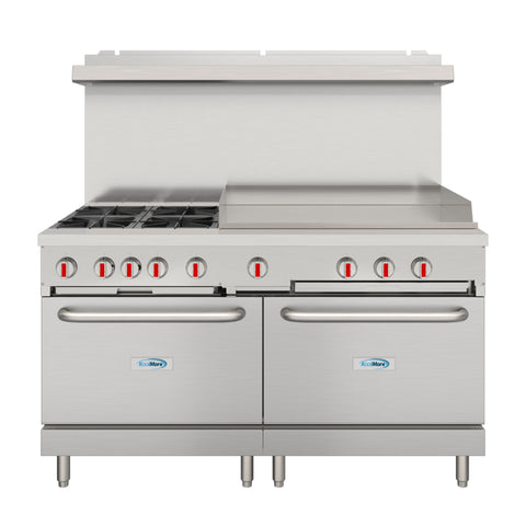 60 in. Commercial Natural Gas Range – 4 Burners, 36 in. Griddle, 2 Standard Ovens in Stainless-Steel