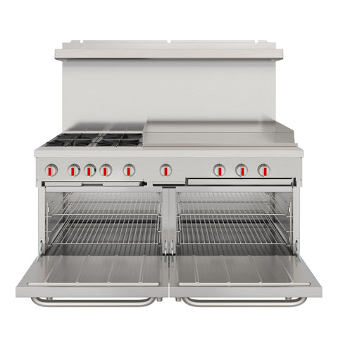 60 in. Commercial Natural Gas Range – 4 Burners, 36 in. Griddle, 2 Standard Ovens in Stainless-Steel