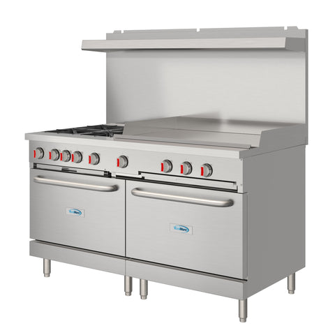 60 in. Commercial Natural Gas Range – 4 Burners, 36 in. Griddle, 2 Standard Ovens in Stainless-Steel