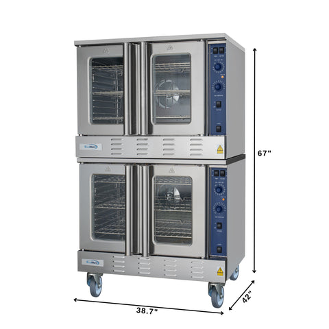38 in. Full Size Double Commercial Natural Gas Convection Oven 108,000 BTU Total with stacking And Casters
