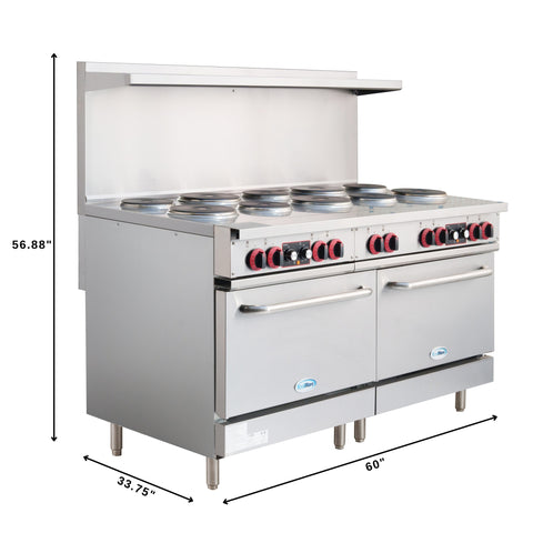 60 In. Commercial Electric Range with 10 Burners and 2 Standard Electric Ovens in Stainless Steel - 208V 3-Phase